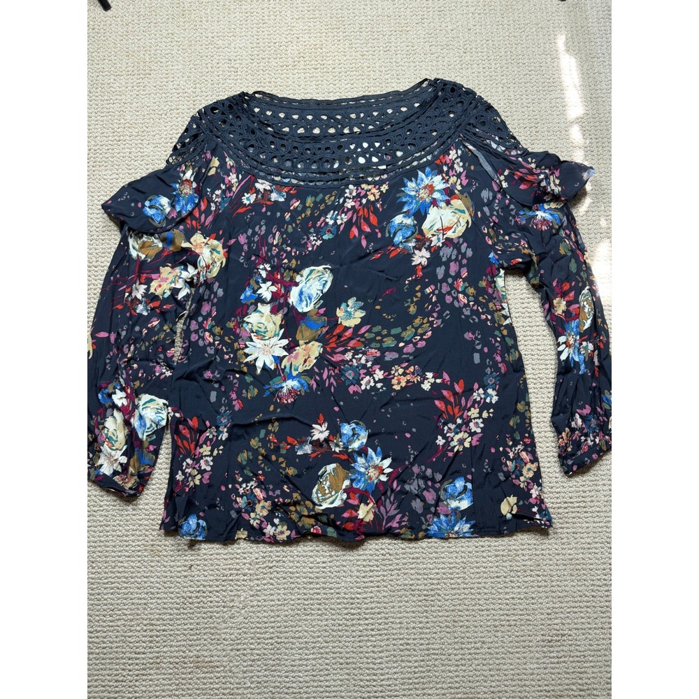 Oddi Navy Floral Cold Shoulder Ruffle Blouse Crochet Neck 1XL IT12938P